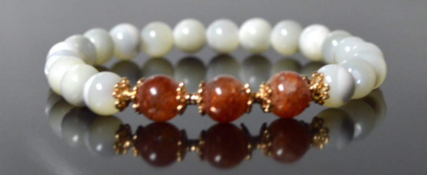 Mother of Pearl and AAAAA Grade Sunstone Beads Stretch Bracelet – Solar Plexus Chakra, Leo Birthstone