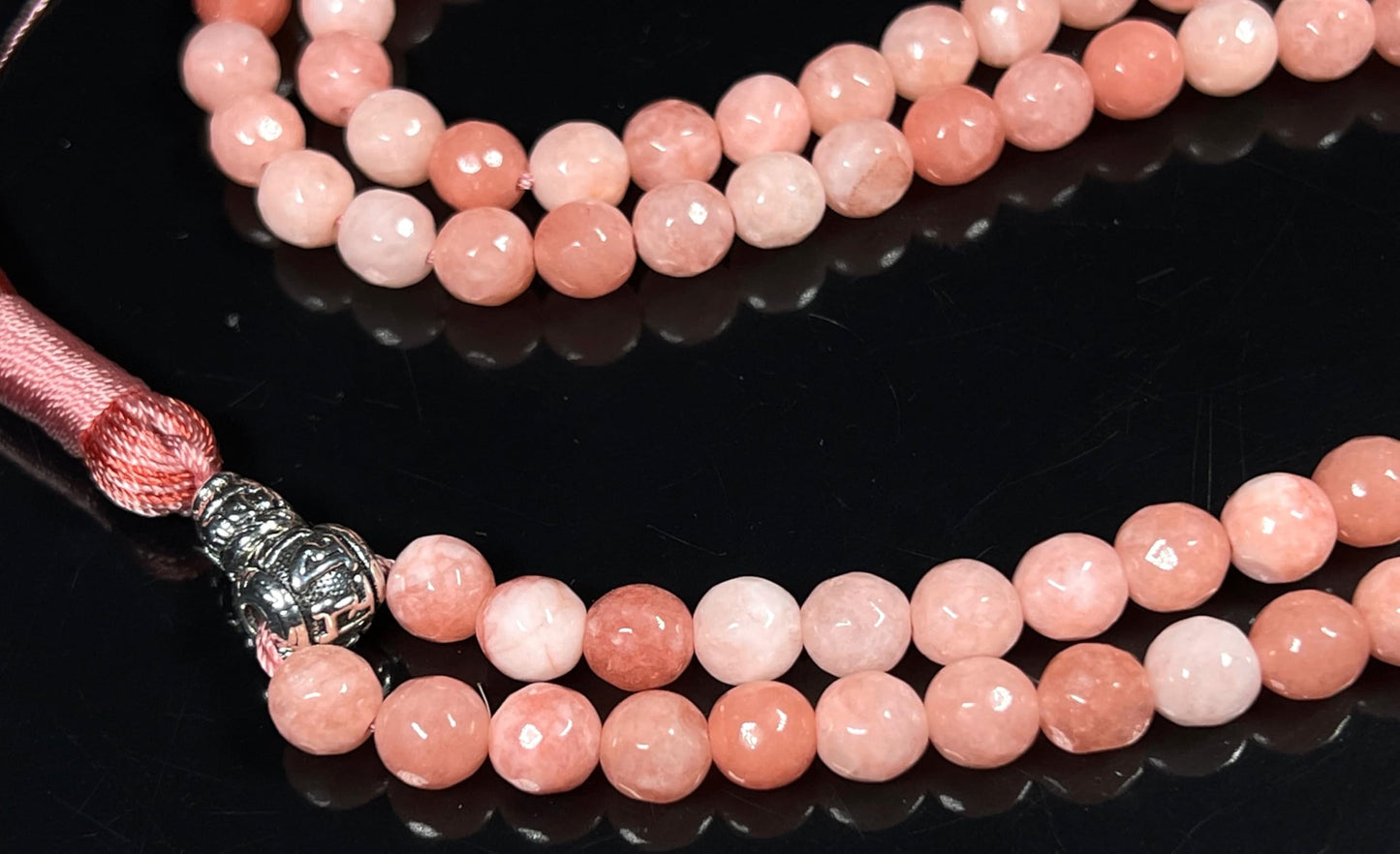 Faceted Peach Jade Mala Beads Necklace – 8mm, 108 Beads – Birthstone & Chakra Energy Beads for Spiritual Practices & Meditation