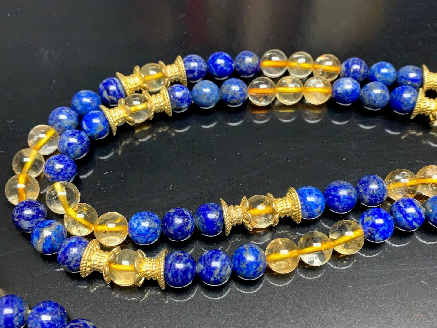 Handmade Golden Wisdom Mala Necklace – Citrine & Lapis Lazuli | 8mm 108 Beads | Solar Plexus & Throat Chakras | November & September Birthstones | Ethically Sourced