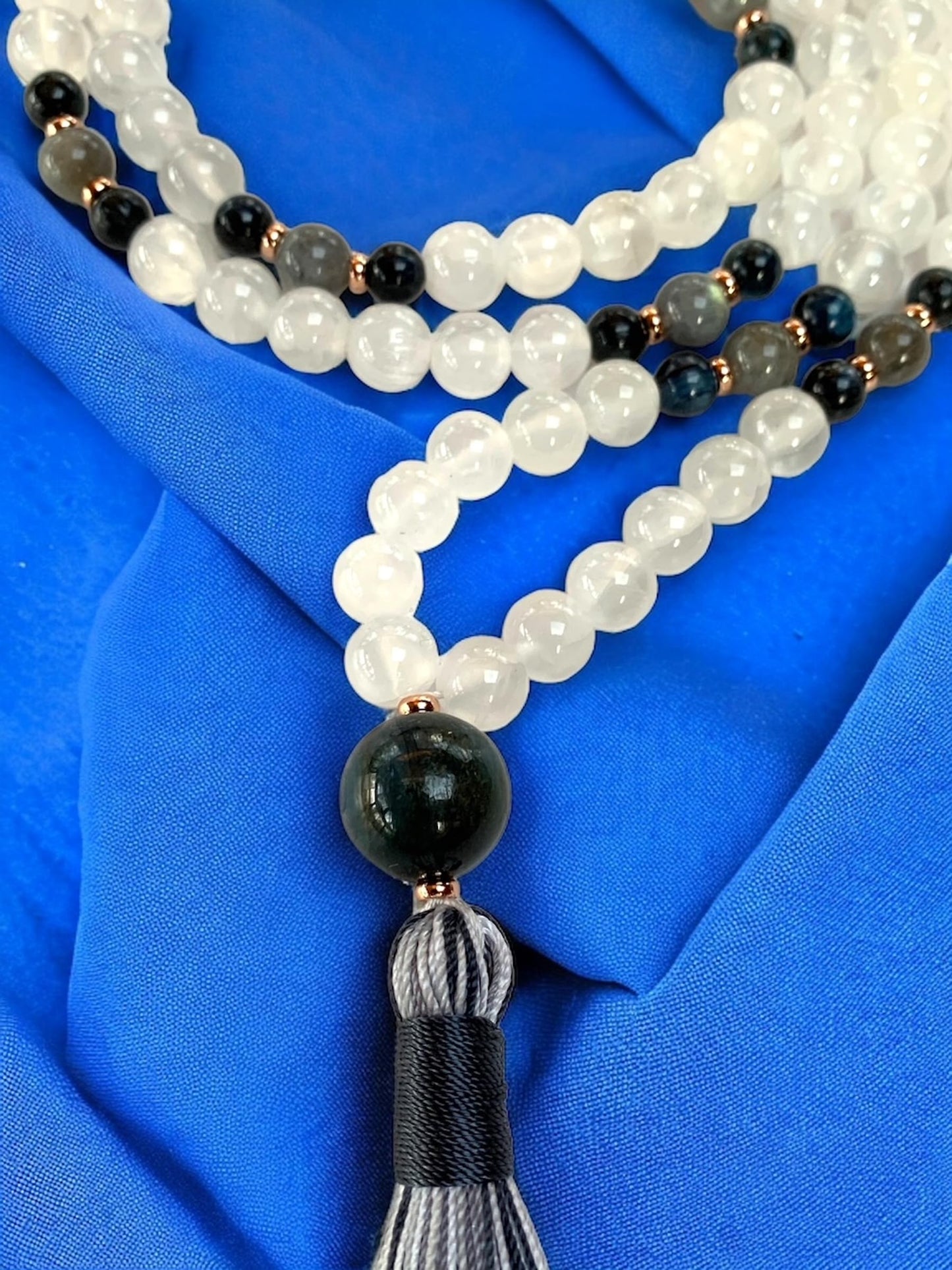 Selenite, Blue Kyanite & Labradorite Mala Necklace | 108 Beads | SHASHI & ALIGN Collection