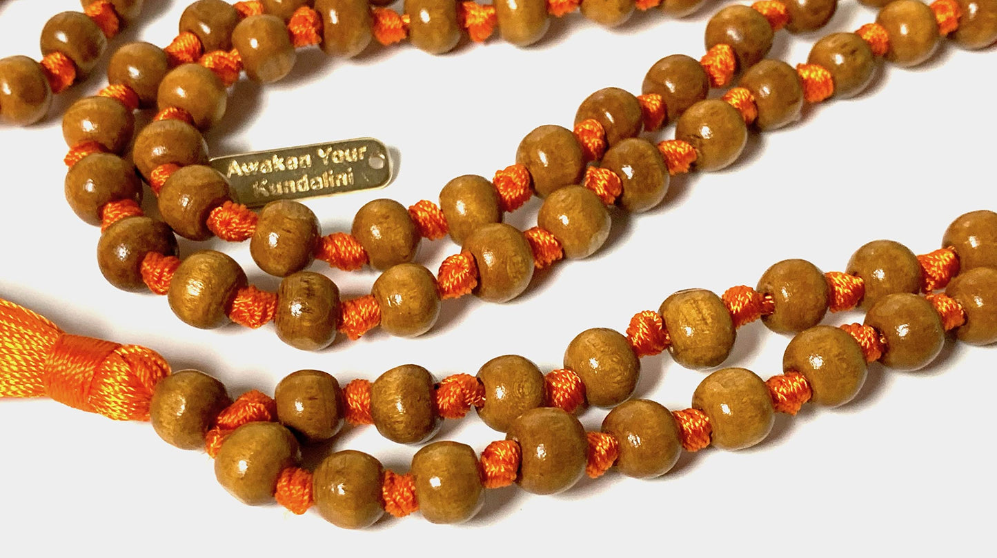 Awaken Your Kundalini Tulsi mala beads necklace hand knotted mala holy basil beads 8 mm 108 Buddhist prayer beads 7 Chakra mala colors - w/Velvet mala pouch (SECOND SACRAL CHKARA)
