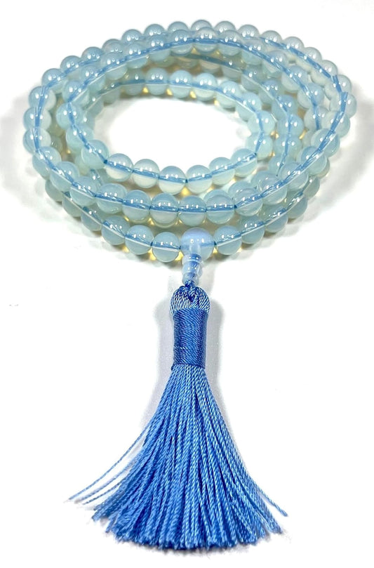 Handmade Opal Opalite Mala Necklace (8mm 108 Beads) - Libra Birthstone, Zodiac Sign, and Crown Chakra