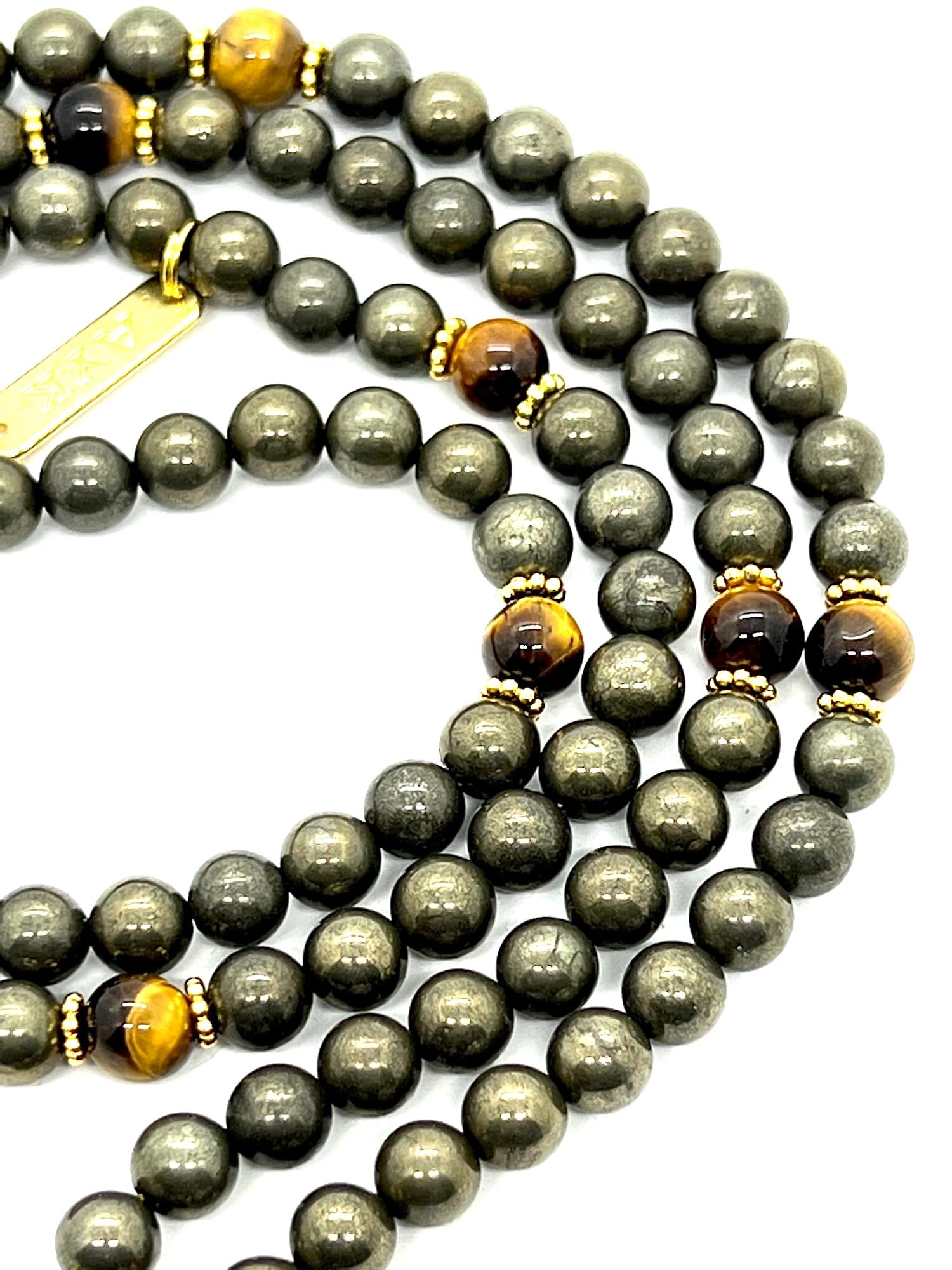 Pyrite Tiger's Eye Mala Necklace Detail View 108 Beads HIRANYA Collection Manipura Solar Plexus Chakra Hand-Knotted Natural Stone Protection Abundance Healing Meditation Handmade USA AYK