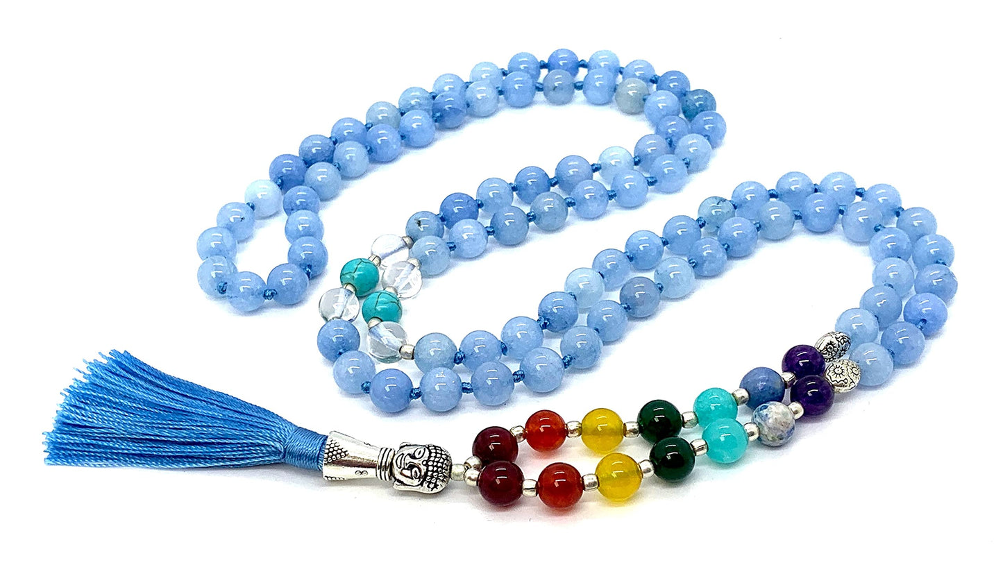 Energized 7 Chakra mala Hand Knotted 108 mala beads necklaces - Japa mala - Buddhist prayer beads - Meditation beads - Healing crystals for men women (Sky Blue Jade 5th chakra Throat chakra mala)