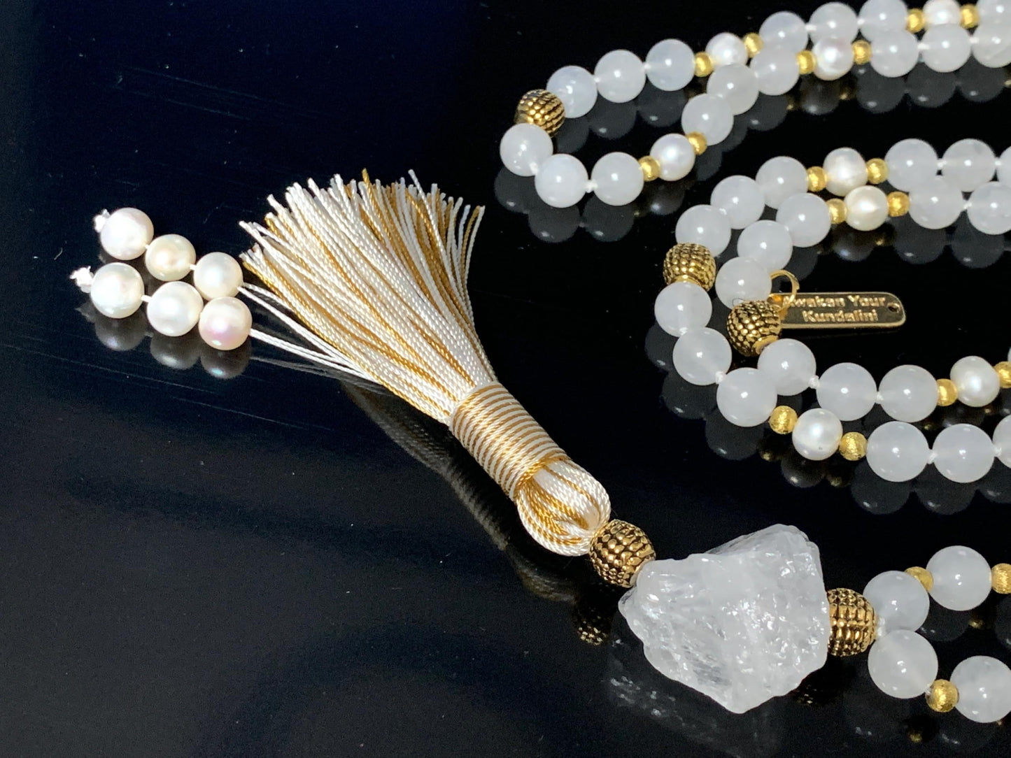 Hand-Knotted Selenite Pearl Mala Necklace with Hematite Guru Bead, 8mm, 108 Beads – Cancer Birthstone for June July - Third Eye Chakra Necklace
