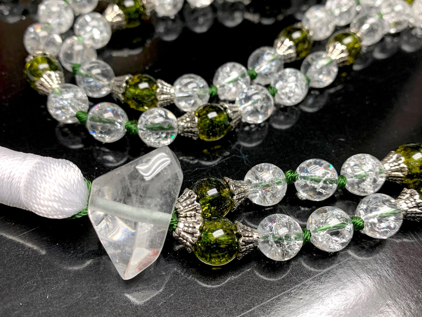 Himalayan Nirvana Mala Beaded Necklace – 8mm Ice Quartz & Peridot Beads | 8mm 108 Beads | Crown & Heart Chakras | August Birthstone Energy | Ethically Sourced