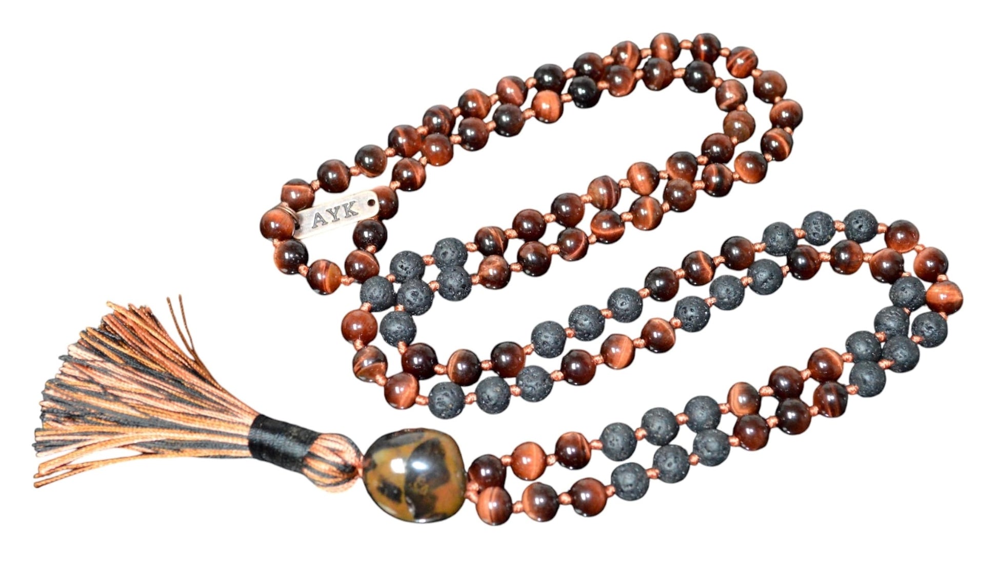 VULCAN Red Tigers Eye Lava Mala Necklace 108 Beads Hand-Knotted 8mm Natural Stone Root Sacral Chakra Courage Grounding Aromatherapy Handmade USA AYK Collection Spiritual Protection Healing Jewelry
