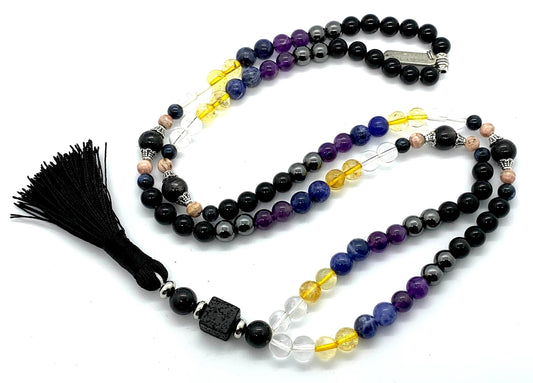 Saturn Retrograde Mala Necklace 108 Beads featuring 10 Transformative Stones - Clear Quartz Lava Citrine Lapis Lazuli Amethyst Hematite Black Tourmaline Rhodochrosite Kyanite Astrophyllite - Hand-Knotted Handmade USA - VESTA Collection - Root to Crown Chakra Alignment - Karmic Clearing Spiritual Protection - Natural Stone AYK