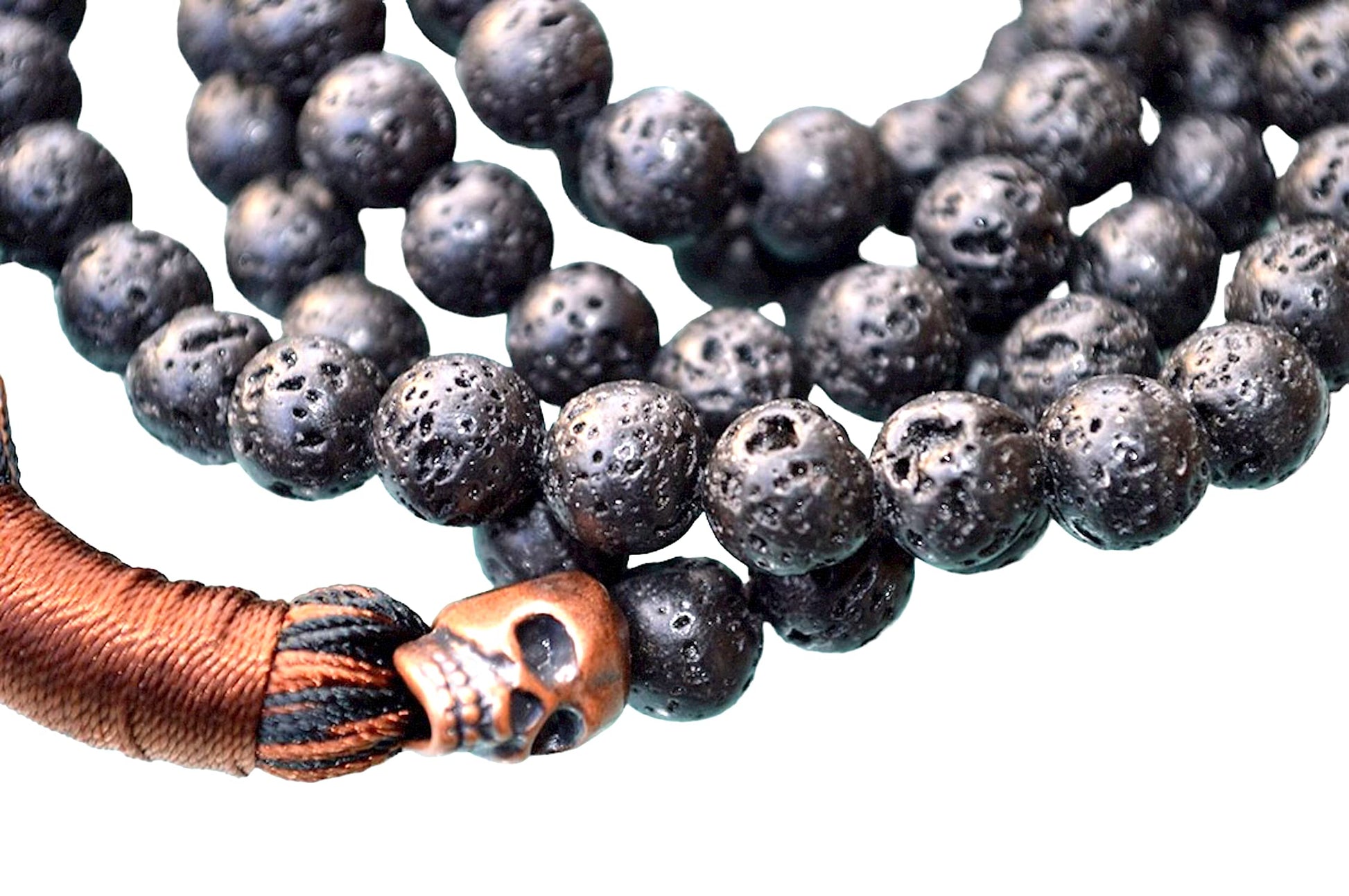 VULCAN Lava Rock Mala Necklace 108 Beads Copper Skull Guru Bead 8mm Natural Stone Root Chakra Grounding Warrior Energy Handmade USA AYK Collection Spiritual Protection Healing Jewelry