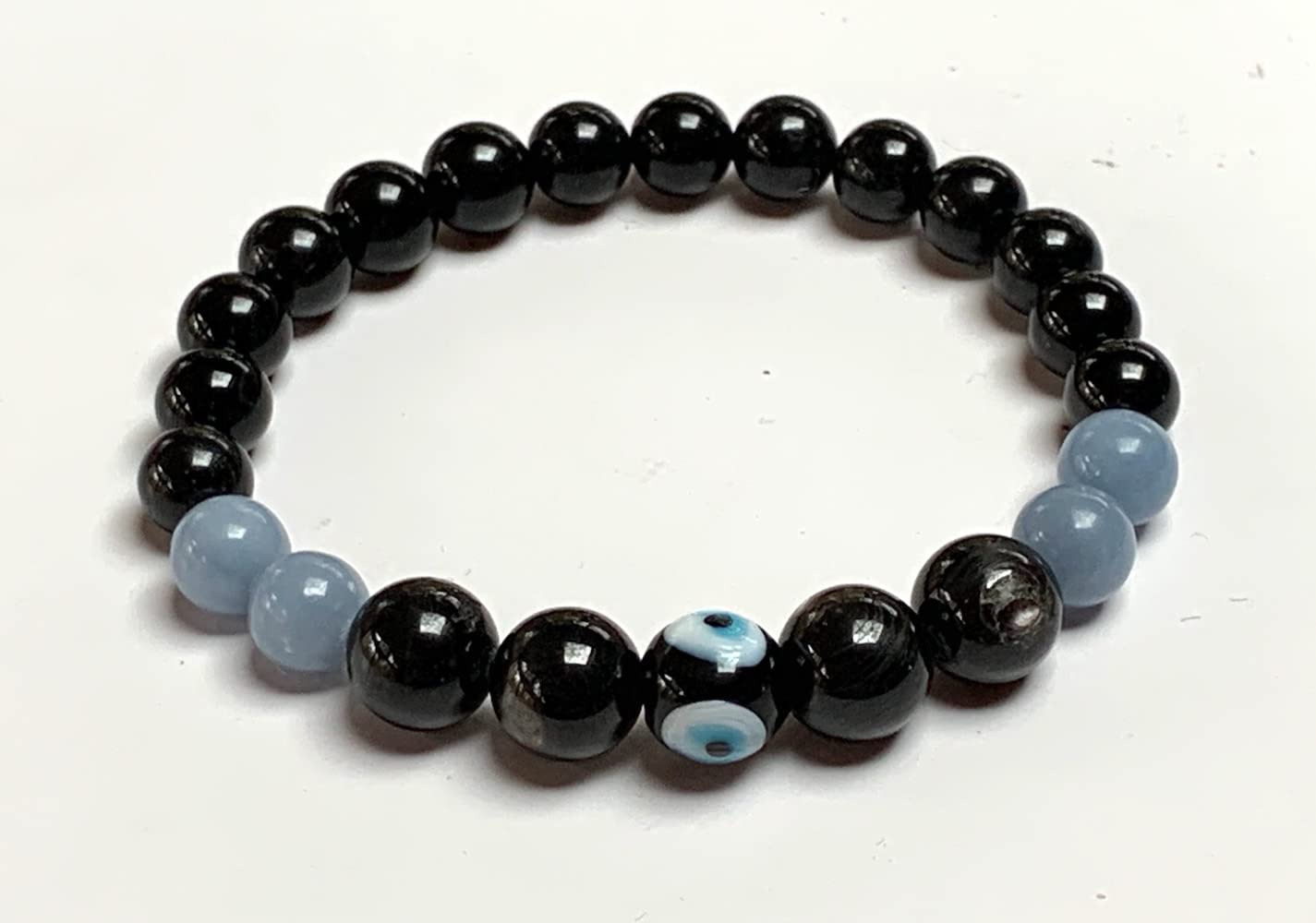 Empath Bracelet | Angelite, Tourmaline, Apache Tear, Evil Eye | 8mm Beads | 7.5 Inch | Throat, Root, Sacral Chakra Balance | Taurus Birthstone