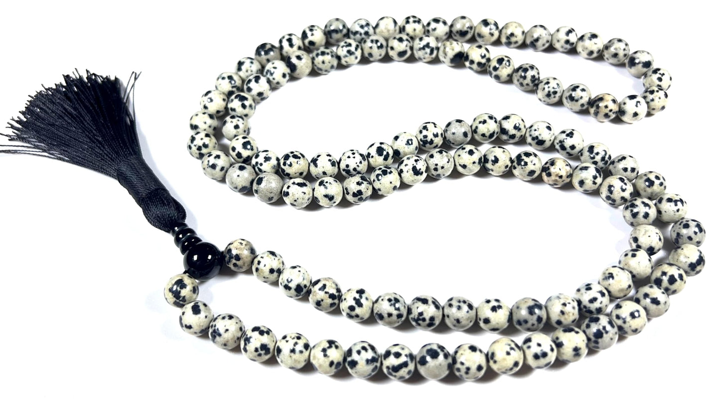 Handmade Dalmatian Jasper Mala Beads Necklace | 8mm 108 Beads | Spiritual Energy Beads | Birthstone & Root Chakra Connection