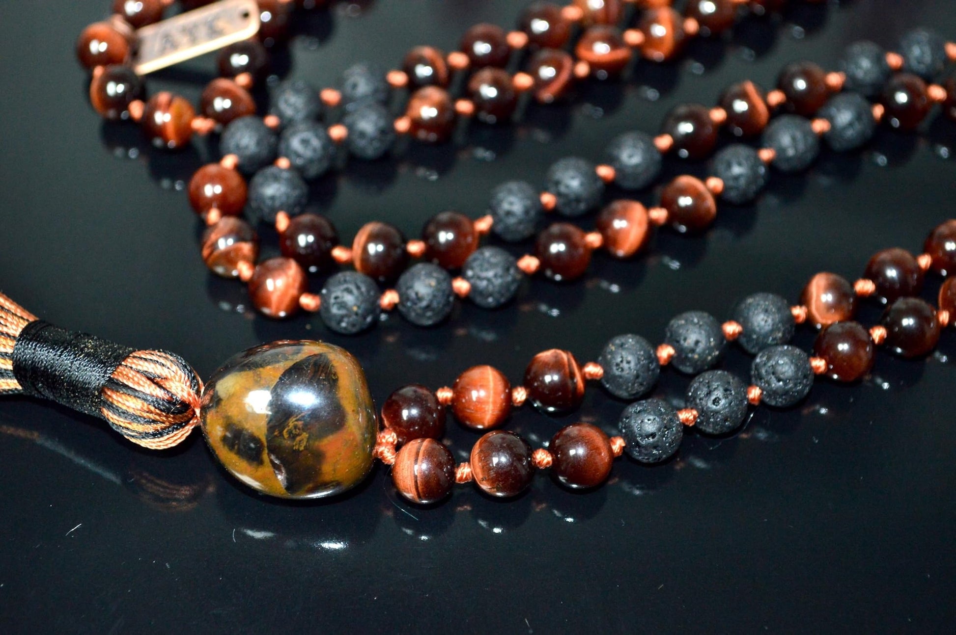 Premium Natural Red Tigers Eye Lava Stone Mala 108 Beads Hand-Knotted VULCAN Collection Root Sacral Chakra Activation Volcanic Energy Spiritual Warrior Handmade USA Awaken Your Kundalini Grounding