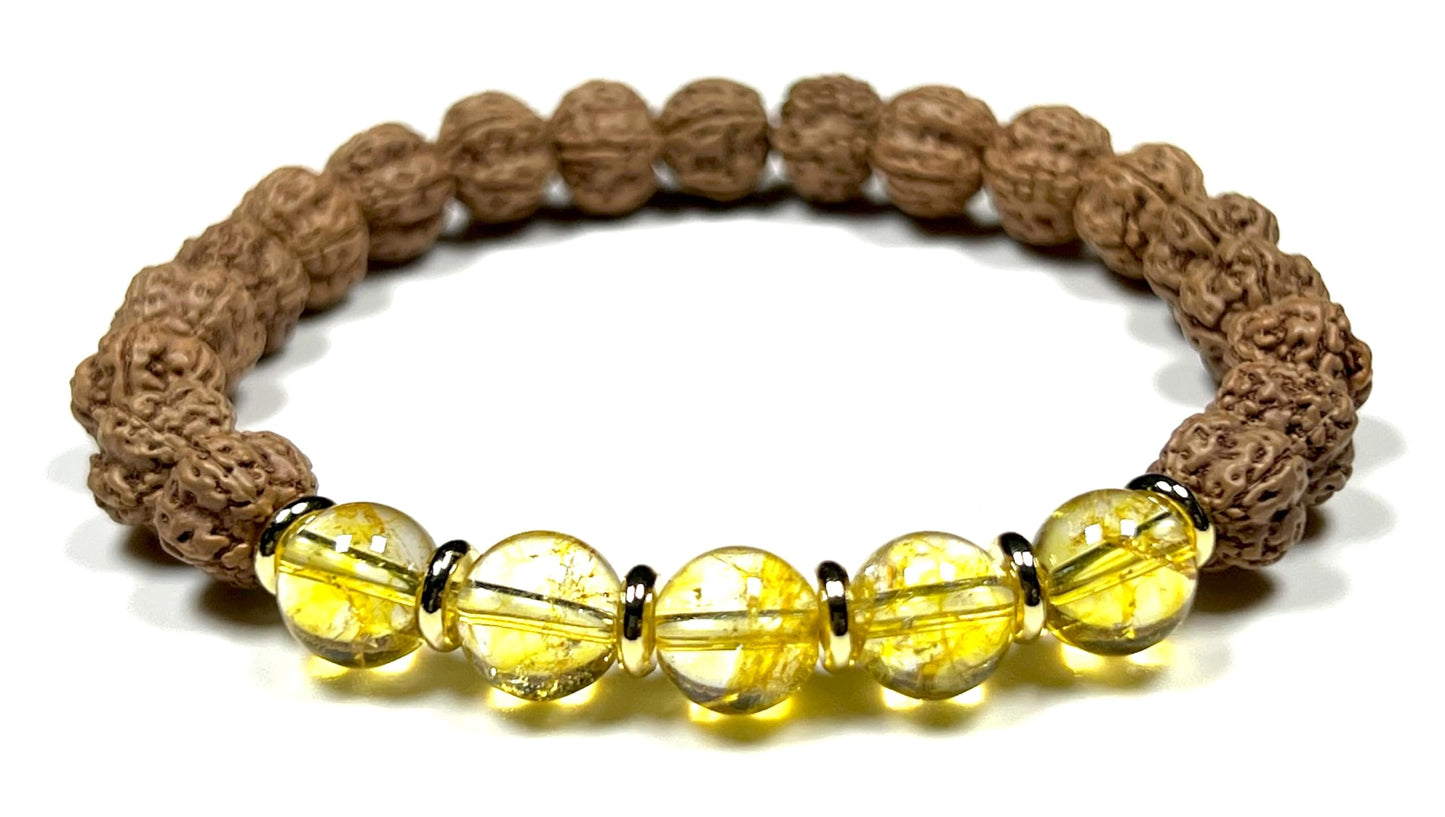 5 Mukhi (5 Faces) Chikna Rudraksha and Citrine Stretch Bracelet - November Birthstone for Sagittarius and Scorpio - Solar Plexus Chakra