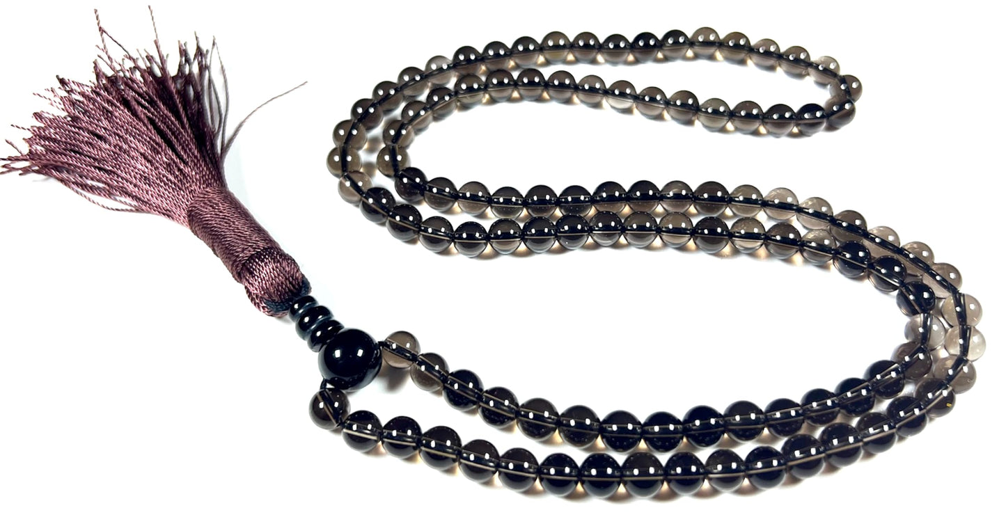 Handmade Smoky Quartz Mala Beads Necklace | 6mm & 8mm 108 Beads | Hand-Knotted Spiritual Energy Beads | Capricorn Birthstone & Root Chakra Connection