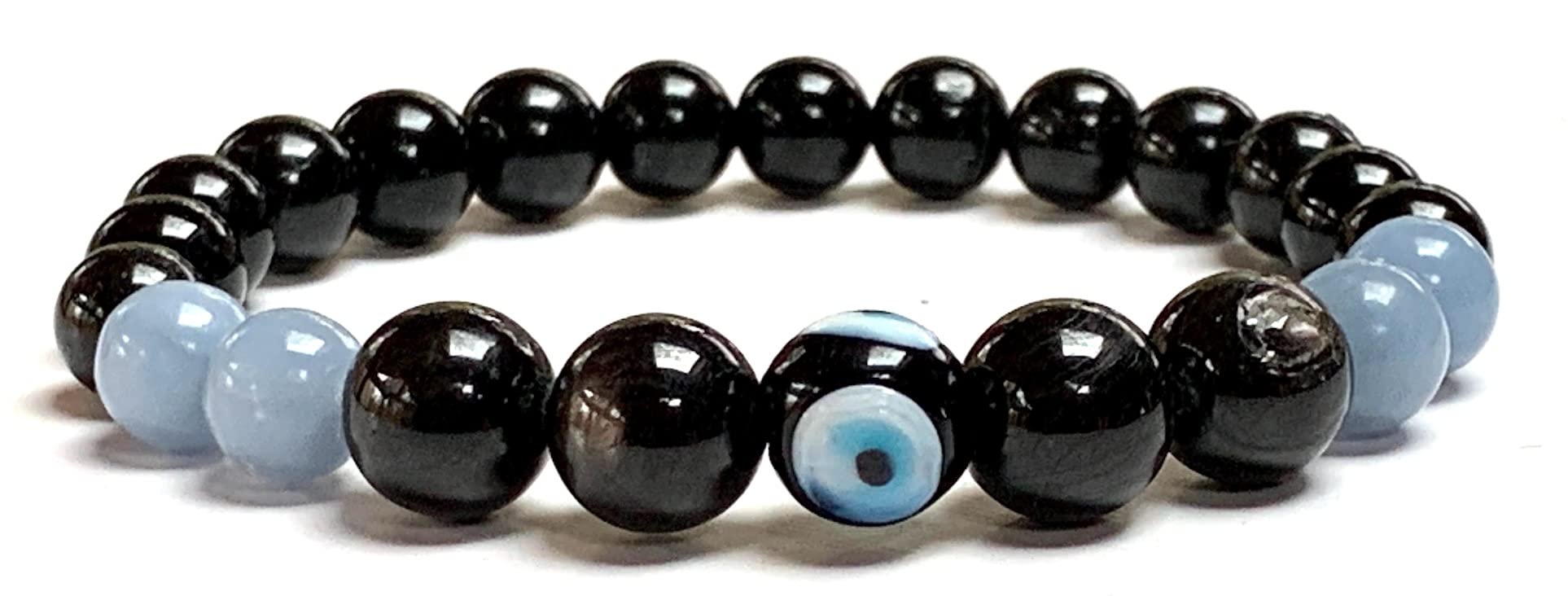 Black Tourmaline Evil Eye Apache Tear Angelite Empath Protection Bracelet 8mm Natural Gemstone Beads KAVACHA Collection Root Throat Sacral Chakra Alignment EMF Protection Spiritual Awakening Psychic Protection Energy Boundaries Meditation Jewelry Handmade USA Natural Stone AYK