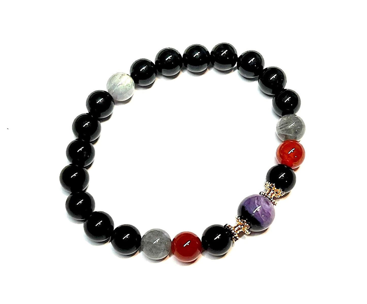 Empath Support Stretch Bracelet - Black Tourmaline, Labradorite, Carnelian, Charoite - 8mm Beads - Multiple Birthstone & Chakra Association