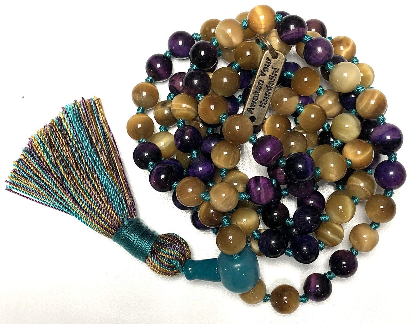 Embrace Balance and Beauty with this Exquisite Golden and Purple Tiger's Eye Mala Beads Necklace - Leo & Sagittarius Birthstone, Solar Plexus & Crown Chakra