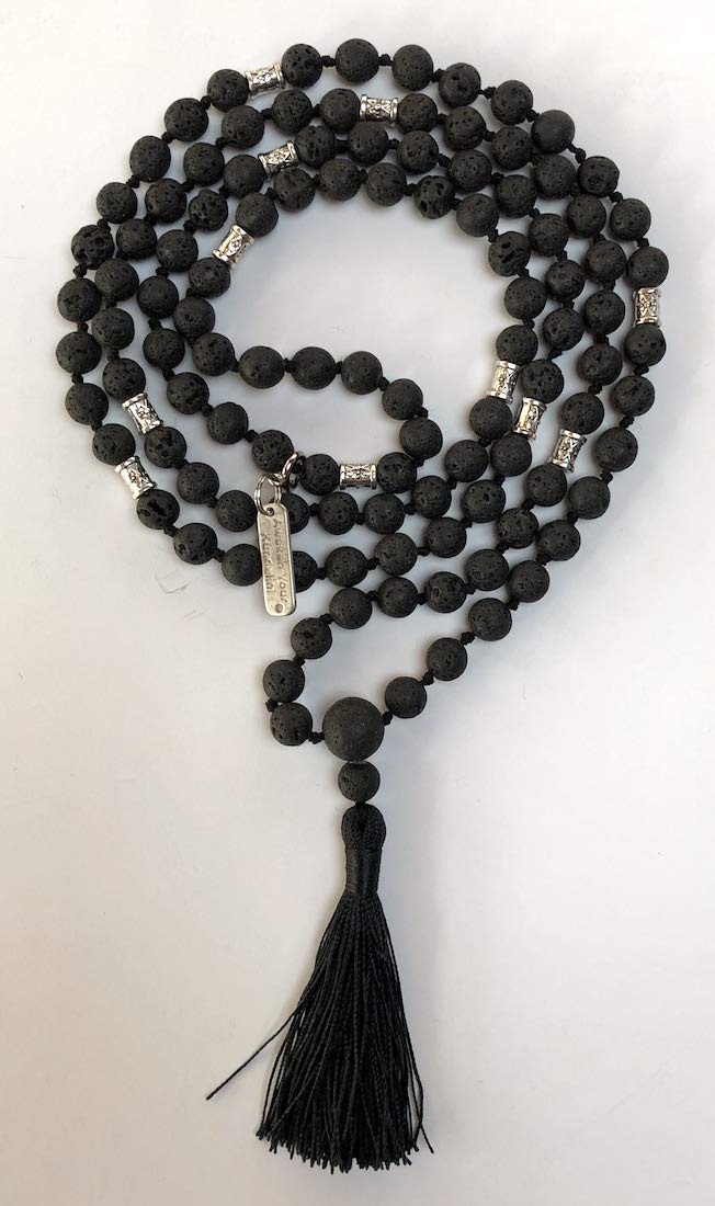 Natural Lava Stone Mala Detail 108 Beads Hand-Knotted VULCAN Collection Aromatherapy Diffuser Root Chakra Healing Volcanic Stone Spiritual Jewelry AYK Handmade USA Sacred Transformation Fire Element