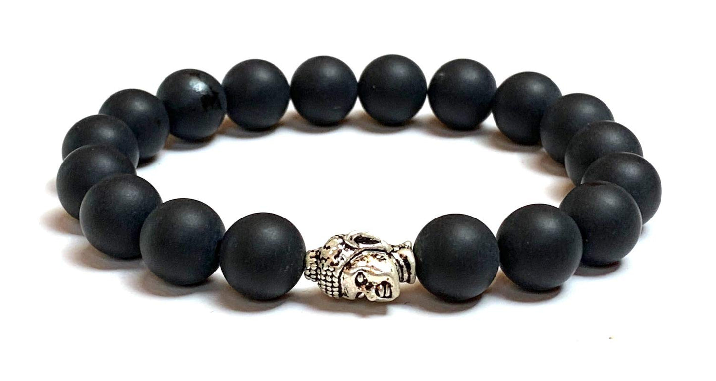 AWAKEN YOUR KUNDALINI Black Onyx & Buddha Head Stretch Bracelet, 10mm Beads, Leo Birthstone, Root Chakra Jewelry