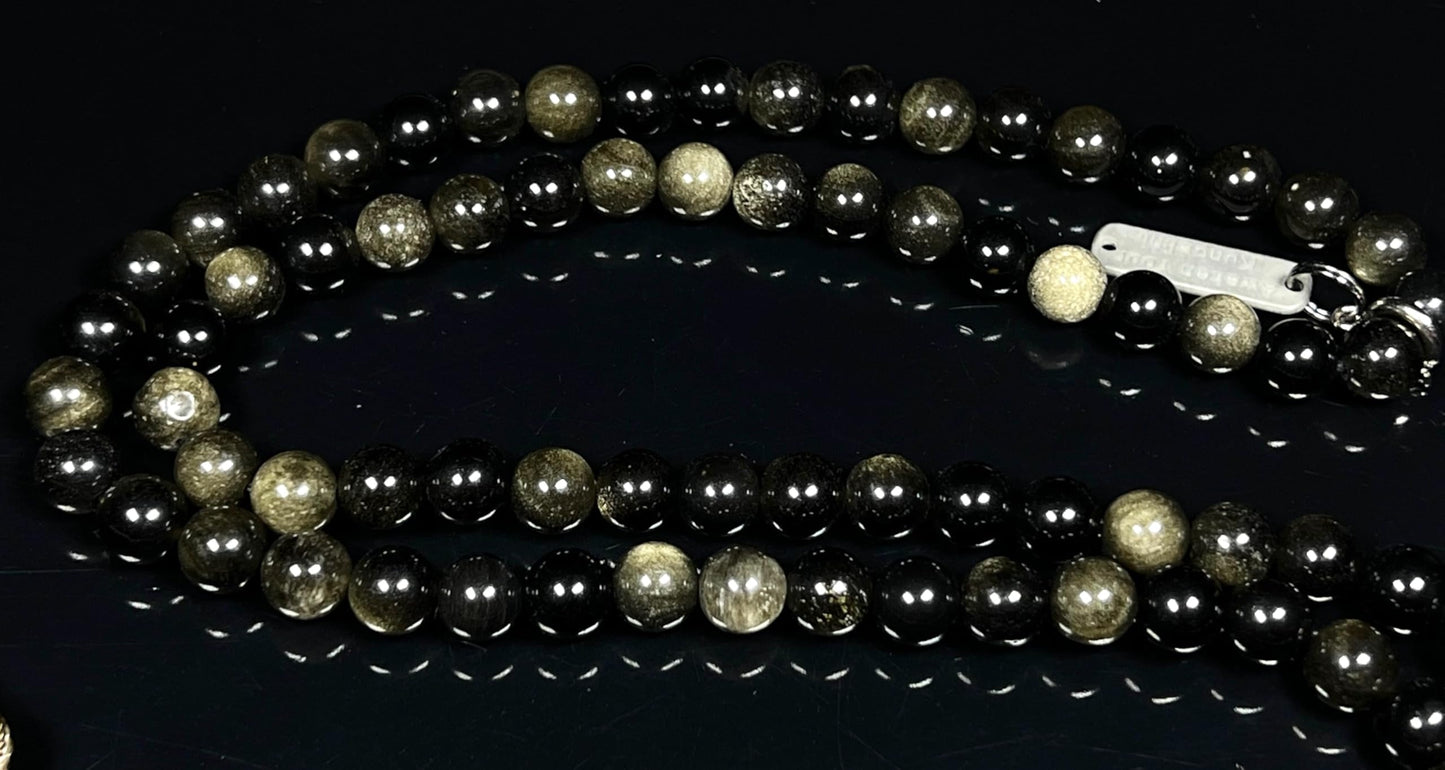 Golden Sheen Obsidian Mala Necklace - 8mm 108 Beads - Scorpio & Sagittarius Birthstone for October November December - Root & Solar Plexus Chakra