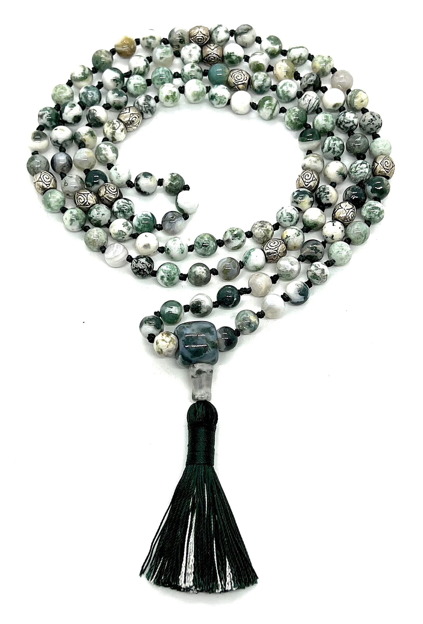 Certified Energized Mala Beads Necklace with COA - Chakra Mala - Japa Mala - 8mm 108 Buddhist Prayer Beads - Meditation Mala - Tassel Necklace – Zodiac/Sun Sign stones (Green Tree Agate)