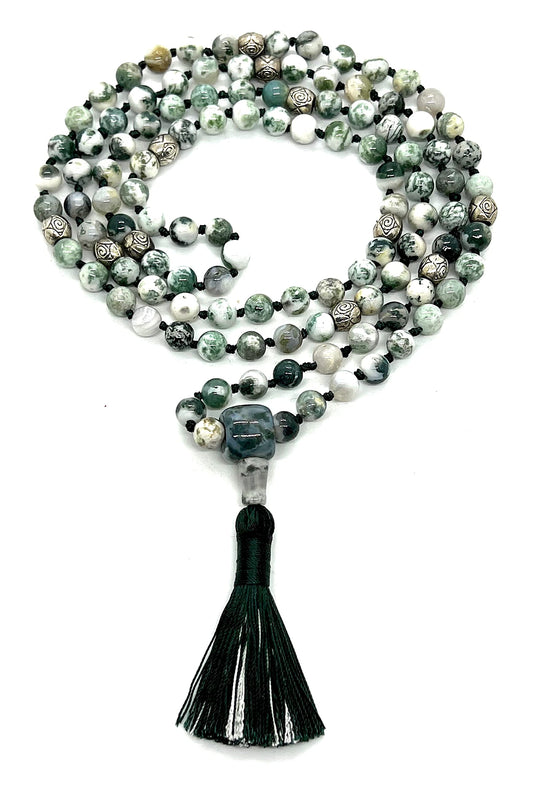 Certified Energized Mala Beads Necklace with COA - Chakra Mala - Japa Mala - 8mm 108 Buddhist Prayer Beads - Meditation Mala - Tassel Necklace – Zodiac/Sun Sign stones (Green Tree Agate)
