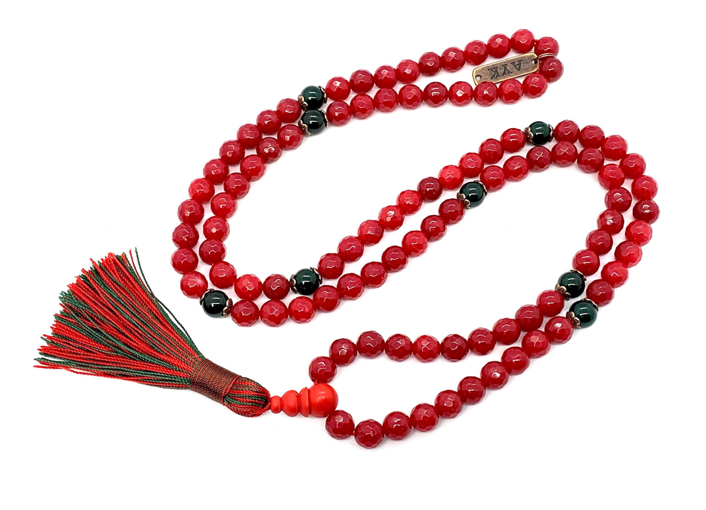 Faceted Red Agate and Green Agate Mala Necklace | 8mm, 108 Beads | August & May Birthstones, Leo & Taurus Zodiac, Heart & Root Chakras