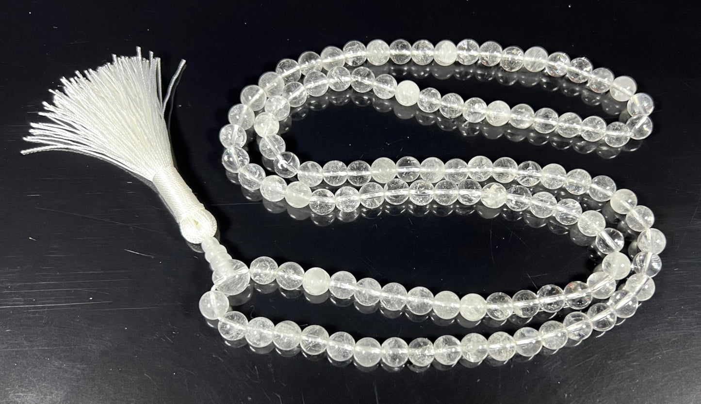 Handmade Nirvana Crystal Quartz Mala Beads Necklace | 8mm 108 Beads | Birthstone for April | Crown Chakra