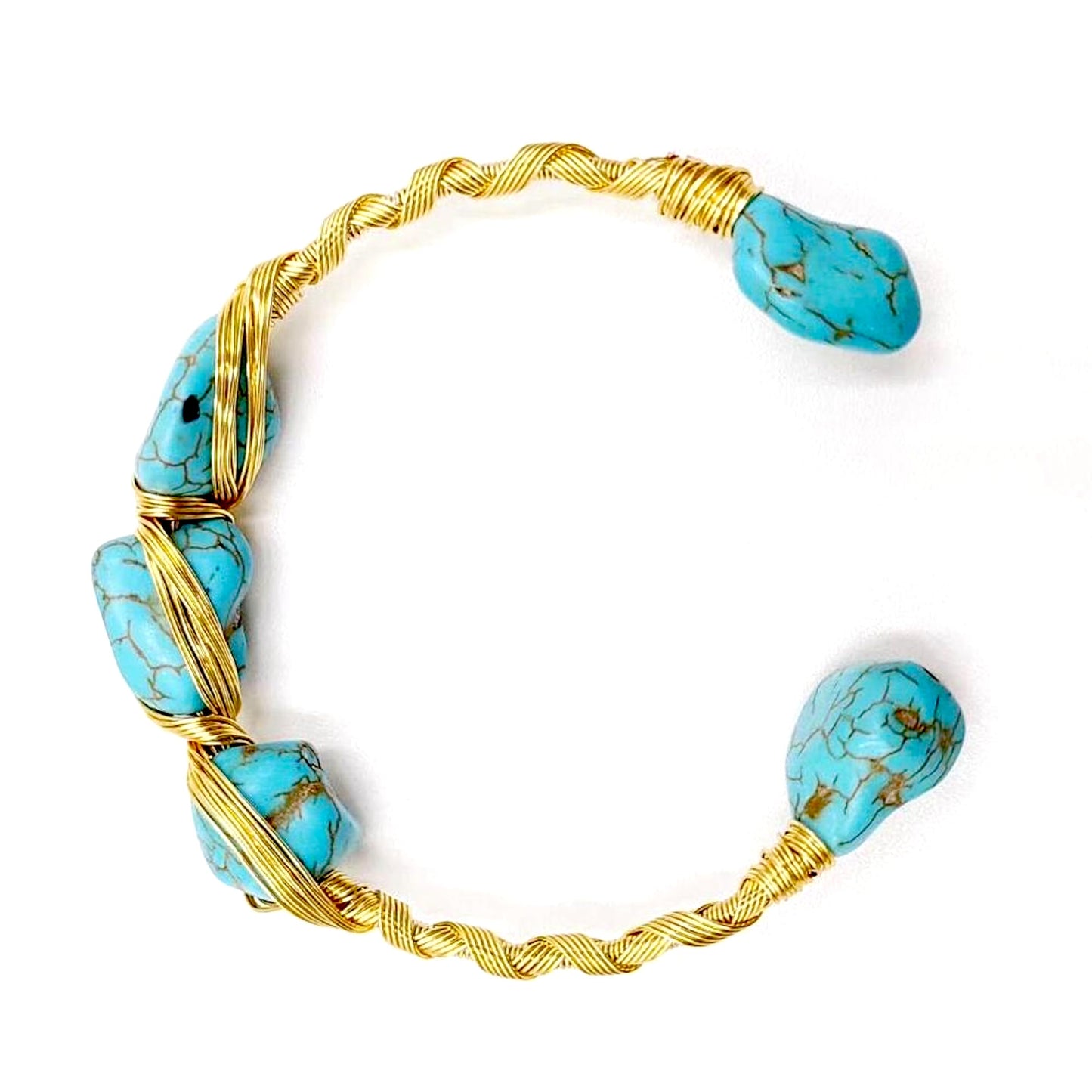 Natural Turquoise Bangle – December Birthstone Bracelet – Handmade Wire Wrapped Adjustable Bangle with 18k Gold Plating – Throat Chakra – Ethically Sourced Gemstone Jewelry Gift for Women & Moms
