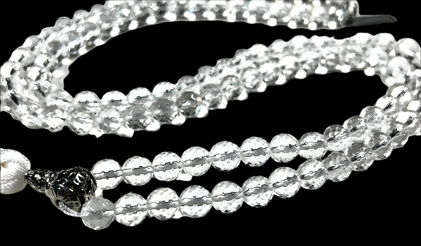 Awaken Your Kundalini Crystals Mala Beads Necklace Reiki Healing Stones Blessed & Energized Handmade 108 Buddhist Prayer Beads - Comes w/Velvet Pouch (Crystal Quartz Diamond cut, 8 mm)