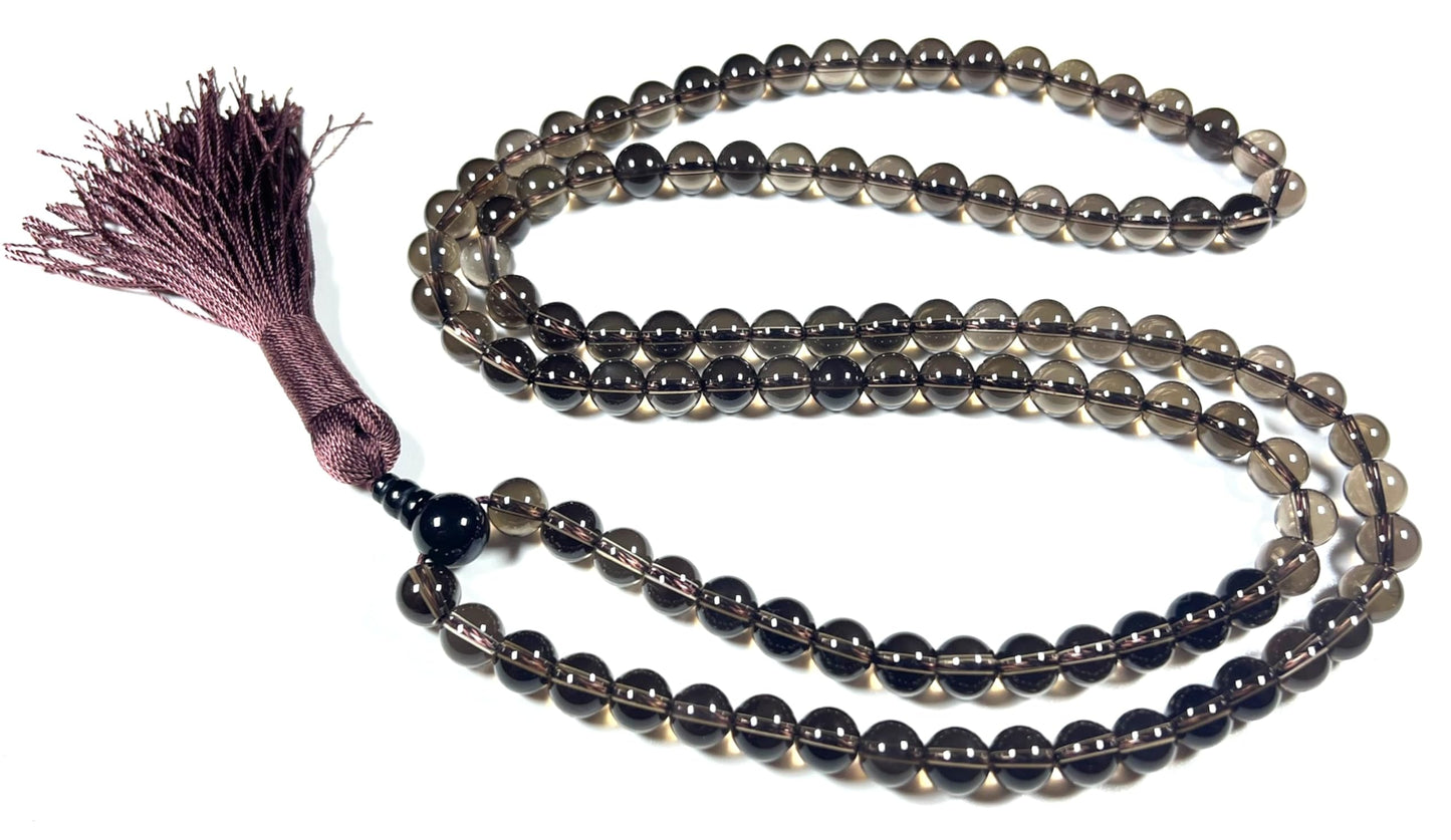 Handmade Smoky Quartz Mala Beads Necklace | 6mm & 8mm 108 Beads | Hand-Knotted Spiritual Energy Beads | Capricorn Birthstone & Root Chakra Connection