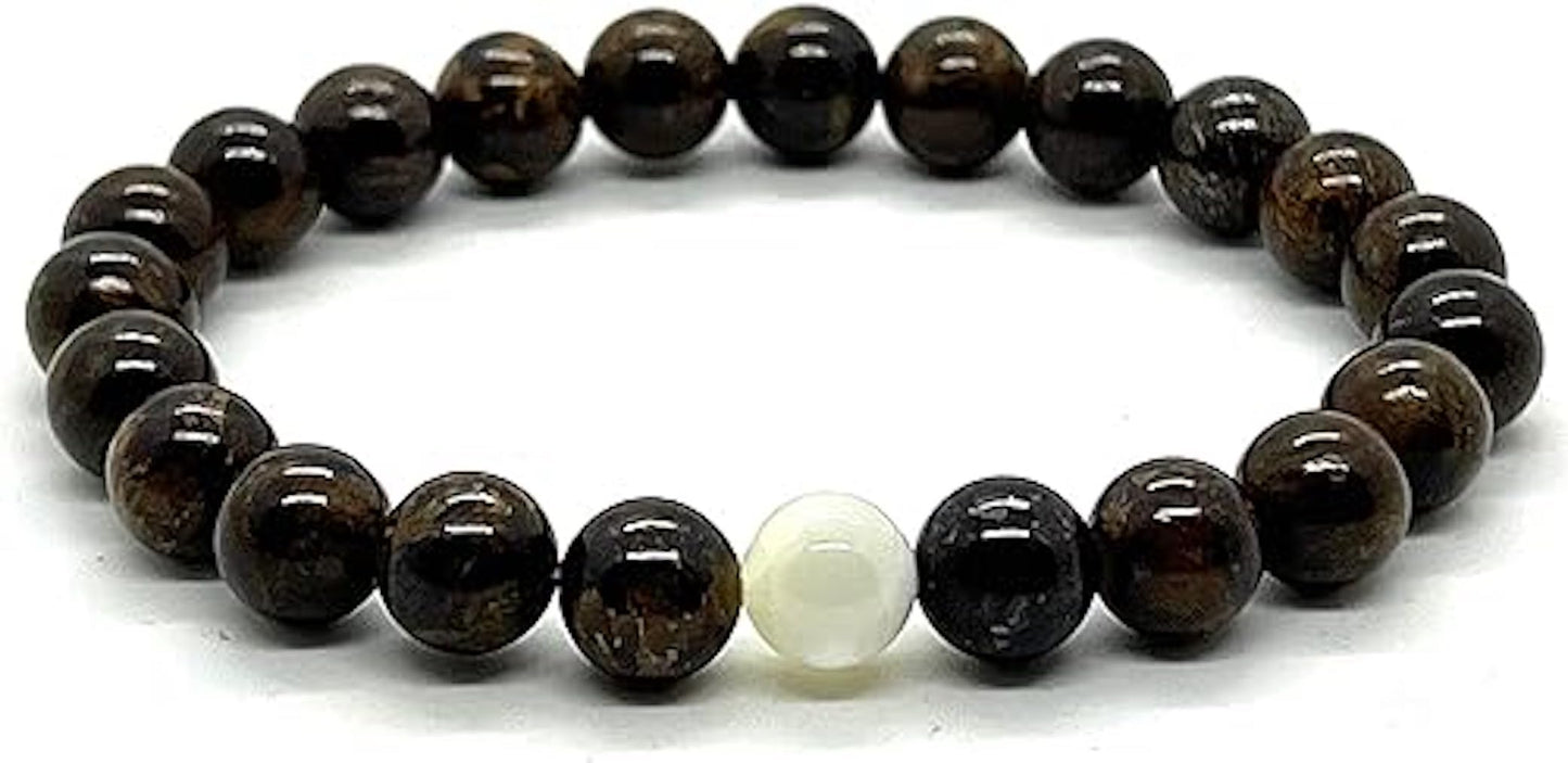 Bronzite & Mother of Pearl Stretch Bracelet (8mm Beads, 7.5 Inches) - Balance & Inner Strength: - Taurus & Gemini Birthstone & Root & Solar Plexus Harmony