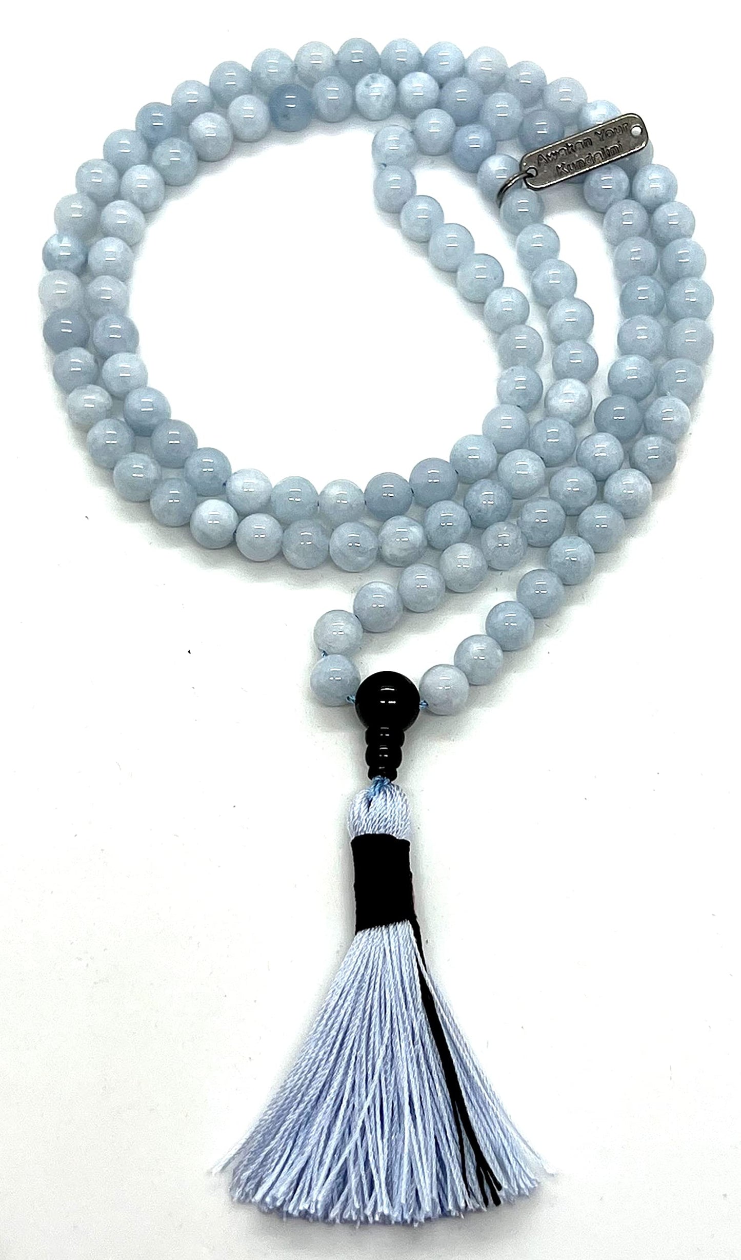 AURA Aquamarine & Black Onyx Mala Necklace | 108 Hand-Knotted Beads for Clarity, Grounding & Compassion | Throat & Root Chakra | Pisces Birthstone | Handmade in USA