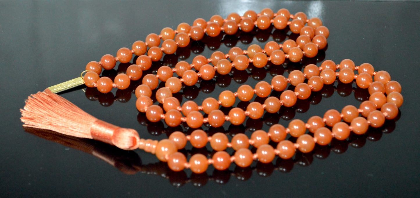 Hand-Knotted Orange Jade Beads Mala Necklace, 8mm 108 Beads – Virgo & Libra Birthstone, Sacral Chakra Necklace
