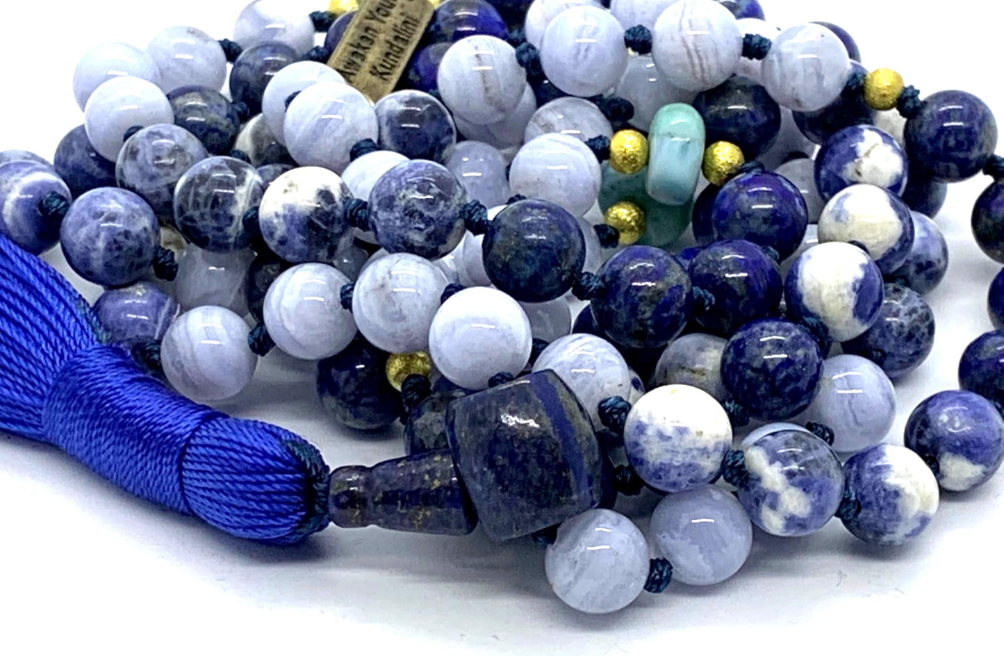 Hand Knotted Oceanic Wisdom Mala Necklace – Lapis Lazuli, Sodalite, Blue Lace Agate & Amazonite | 8mm 108 Beads | September & December Birthstones | Throat & Third Eye Chakras | Ethically Sourced