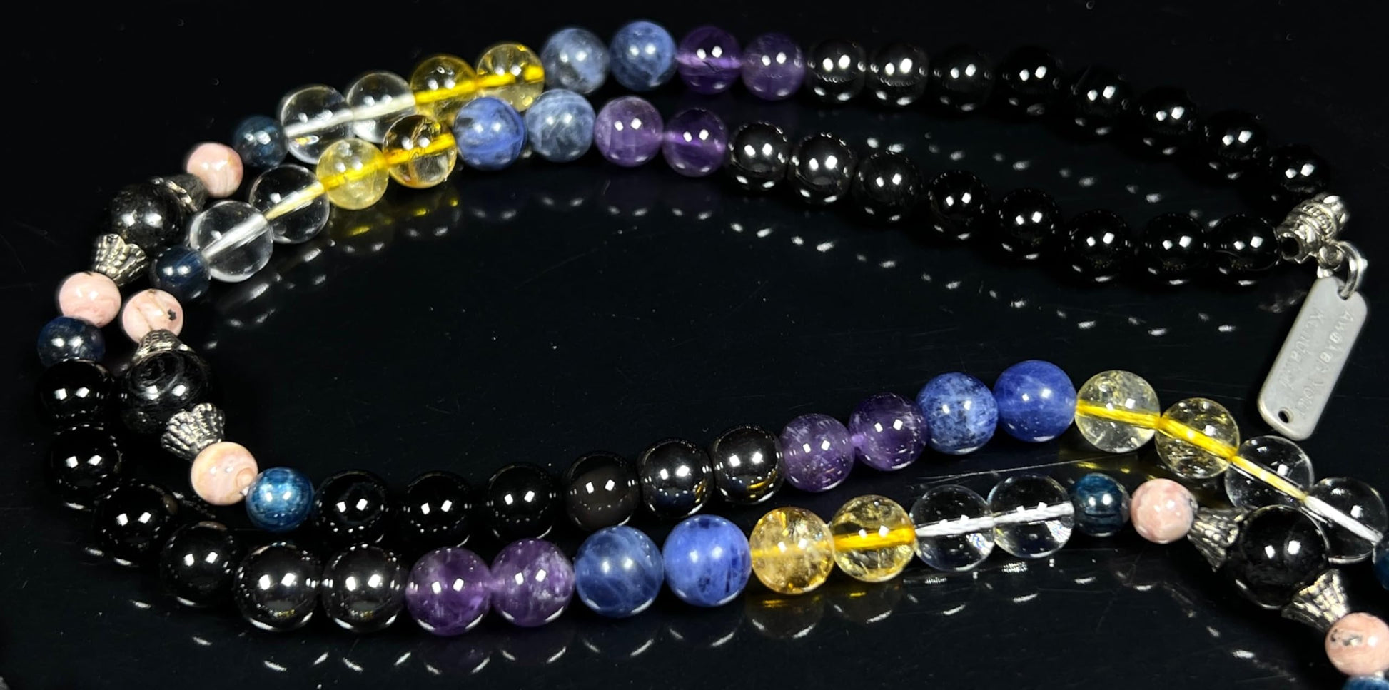 Saturn Retrograde Mala Necklace Flat Lay - 10 Sacred Stones for Planetary Retrograde Support - Root to Crown Chakra Healing - Hand-Knotted 108 Beads - VESTA Collection - Spiritual Evolution Cosmic Alignment - Natural Stone Quality - Handmade USA AYK