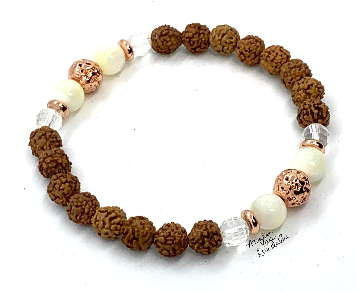 5 Mukhi Chikna Rudraksha, Crystal Quartz, Mother of Pearl and Lava Stretch Bracelet - April Birthstone for Aries, Taurus - Root & Crown Chakra Alignment