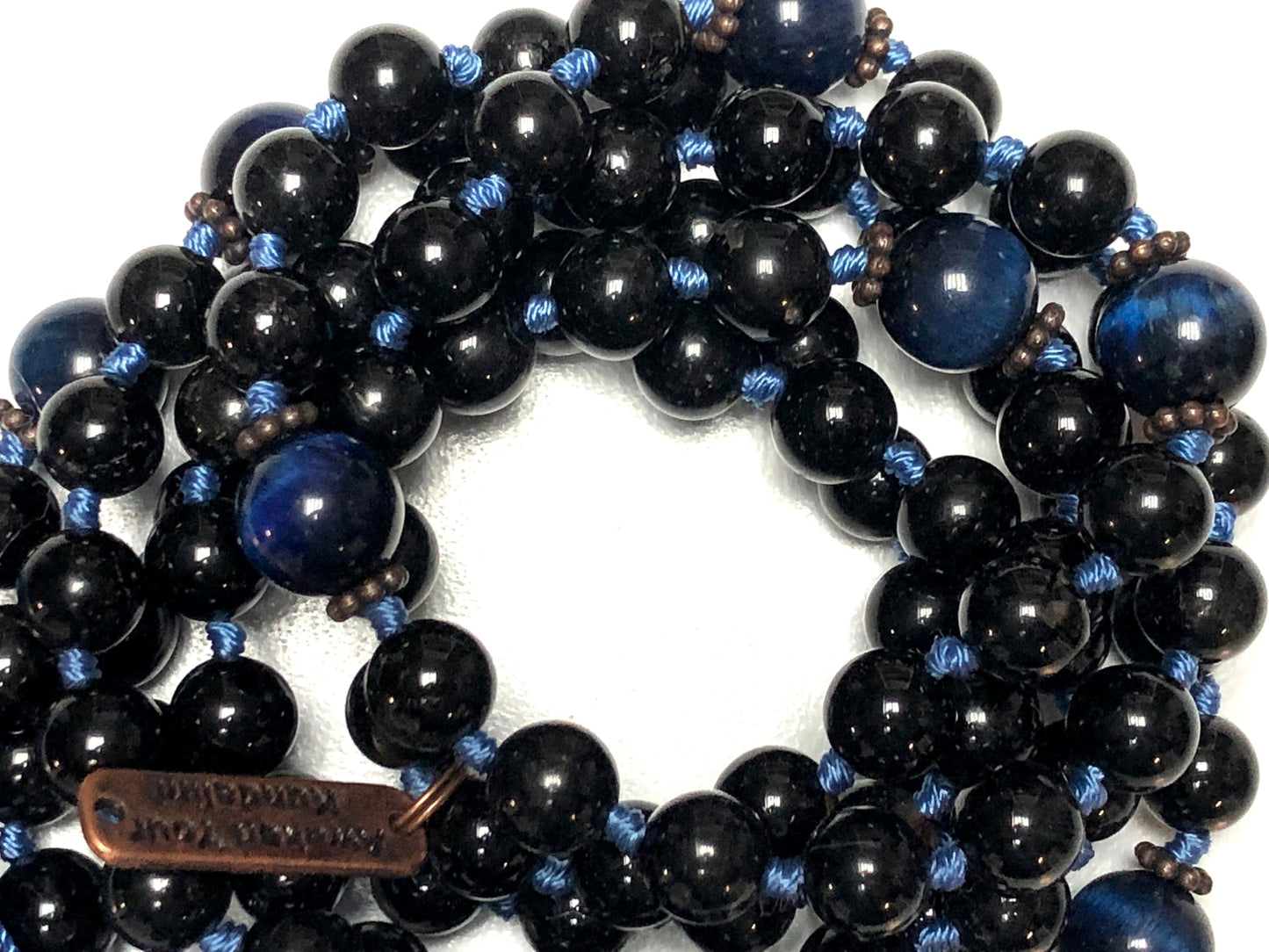 VESTA Black Tourmaline & Blue Tiger’s Eye Mala Necklace | 108 Beads for Grounding, Protection & Clear Communication | Root & Throat Chakra | Capricorn & Sagittarius Birthstone | Handmade in USA
