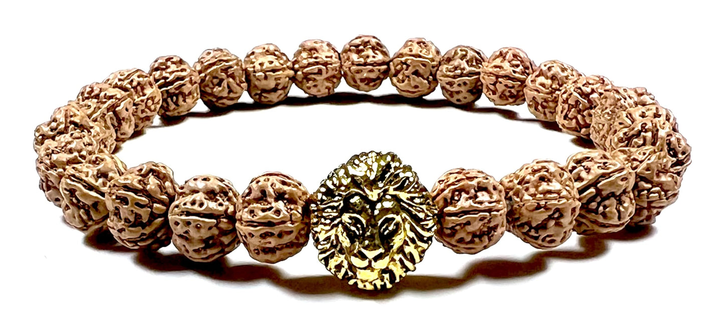 Unleash Inner Strength & Grounding: Handmade 5 Mukhi Rudraksha & Golden Polished Lion Head Bracelet (8mm) - Root Chakra & Universal Sun Sign