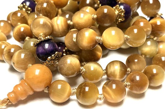 Hand-knotted Golden & Purple Tiger's Eye Mala Beads Necklace - Leo & Sagittarius Birthstone, Astrological Sun Sign Necklace, Solar Plexus & Crown Chakra