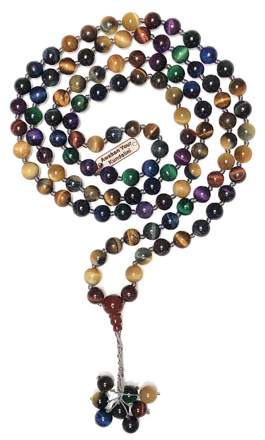 Stunning Multi-Color Rare Tiger's Eye Tiger Eye Mala Beads Necklace - Leo & Sagittarius Birthstone - Multi Chakra Association