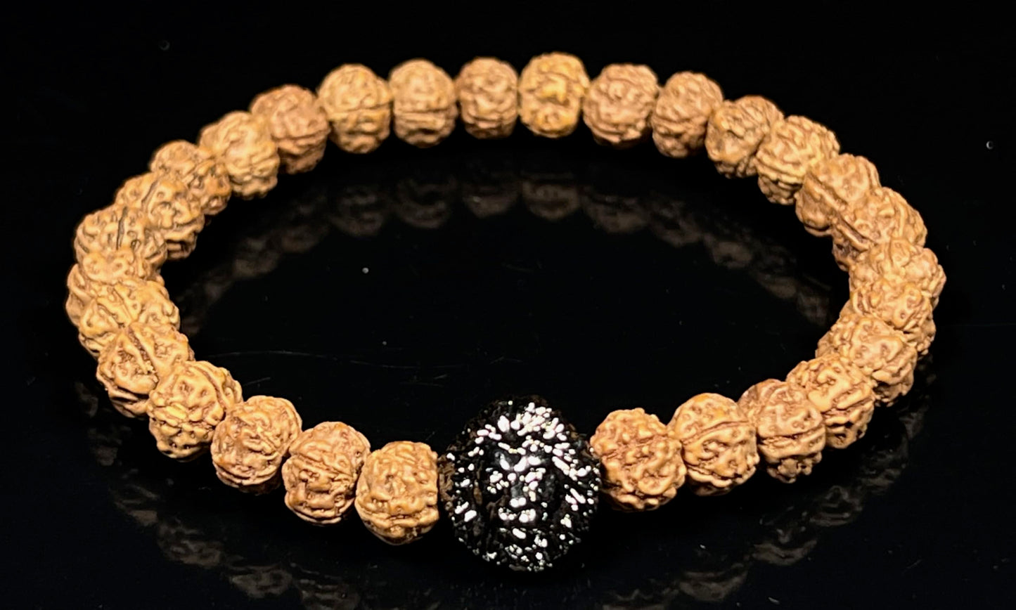 Unleash Inner Strength & Grounding: Handmade 5 Mukhi Rudraksha & Gunmetal Lion Head Bracelet (8mm) - Root Chakra & Universal Sun Sign