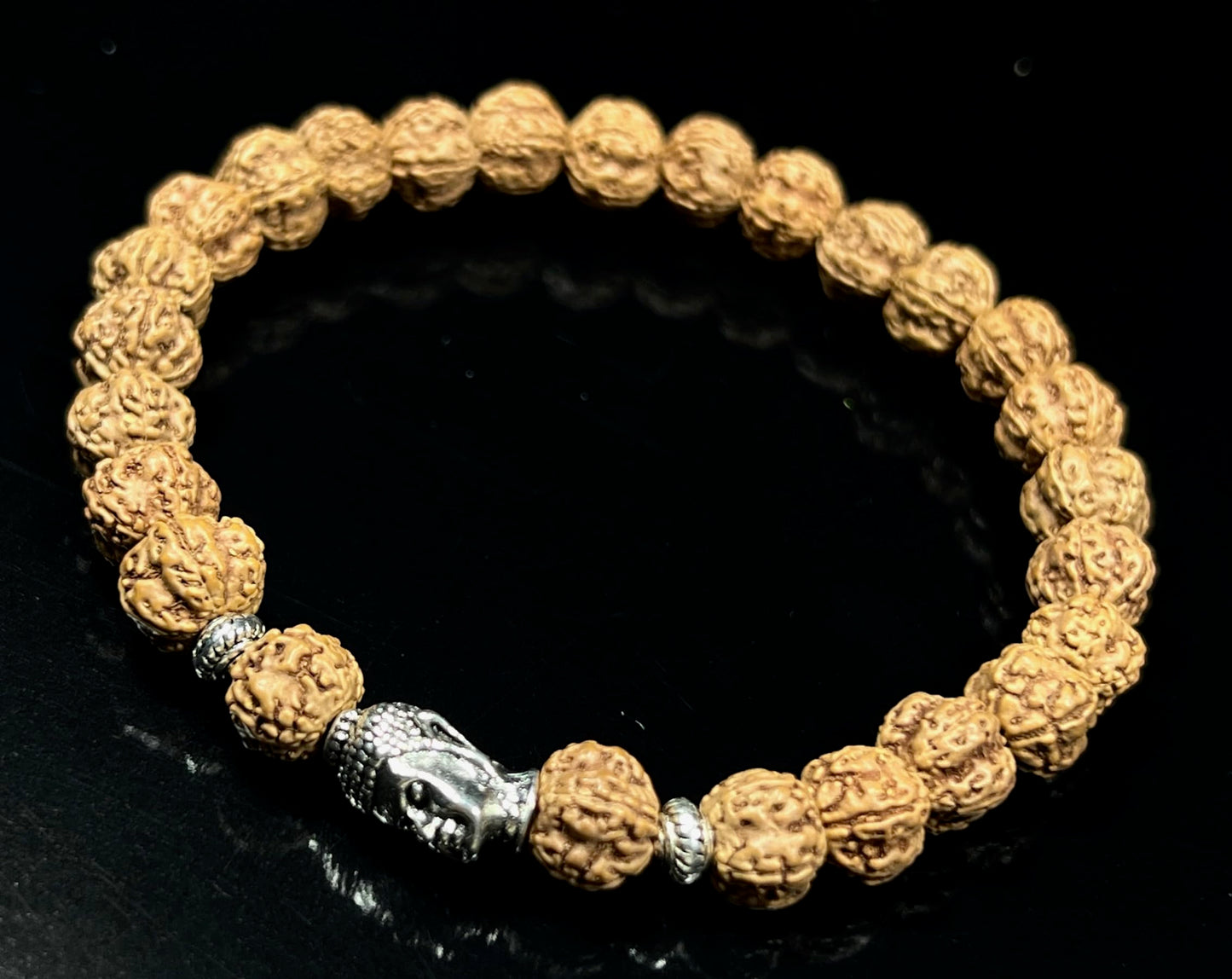 Cultivate Inner Peace: Handmade 5 Mukhi Rudraksha & Buddha Head Bracelet (8mm) - Root Chakra Balance & Universal Birthstone