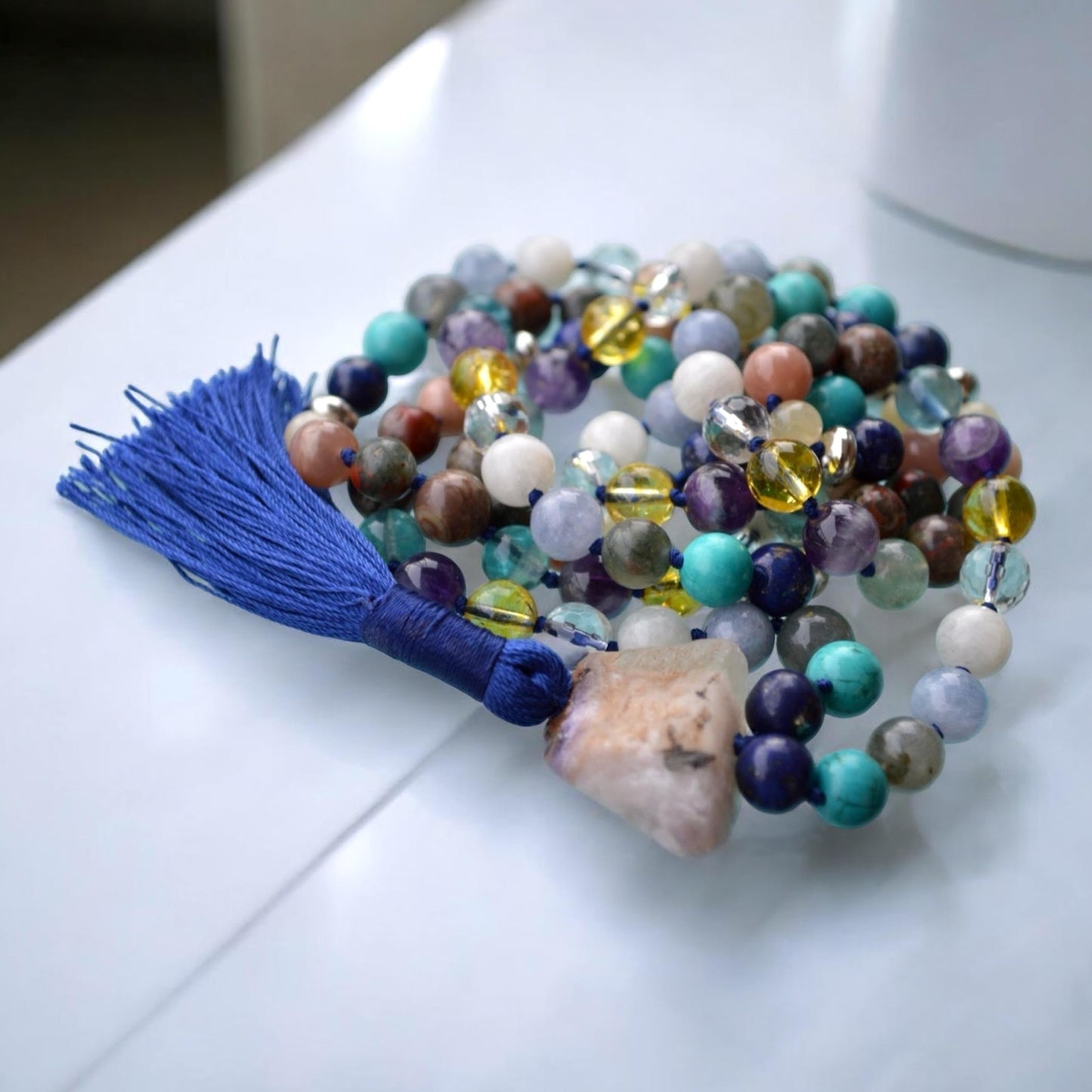 Hand-Knotted Pisces Mala Necklace – February & March Birthstone - Third Eye, Throat, Heart, Solar Plexus and Crown Chakras