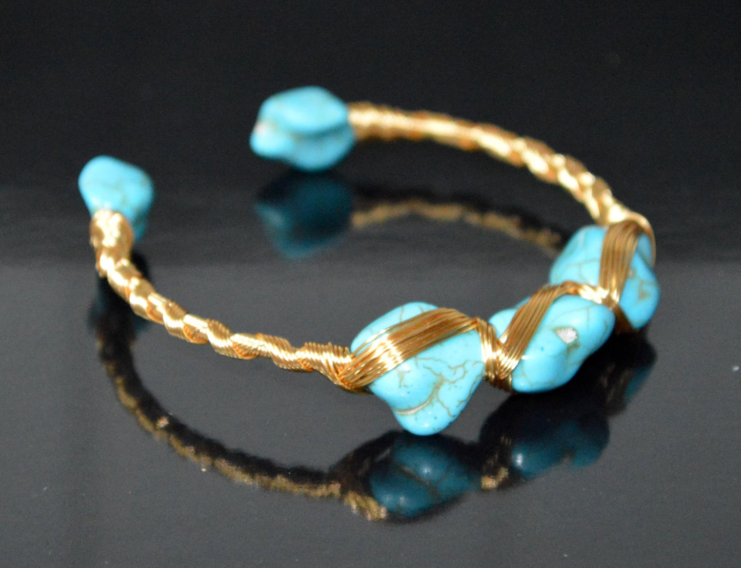 Natural Turquoise Bangle – December Birthstone Bracelet – Handmade Wire Wrapped Adjustable Bangle with 18k Gold Plating – Throat Chakra – Ethically Sourced Gemstone Jewelry Gift for Women & Moms