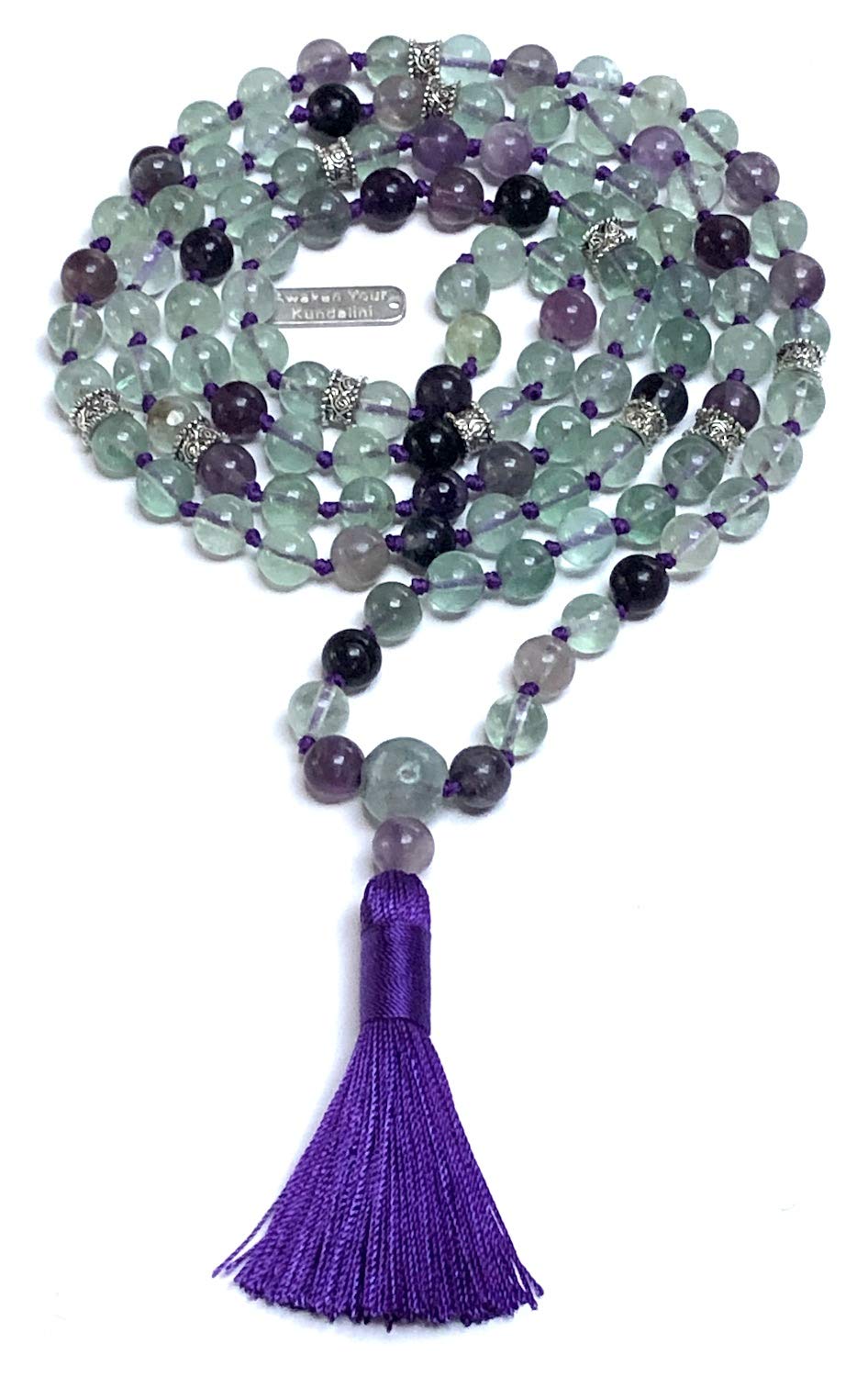 Hand-Knotted 8mm Rainbow Fluorite Mala Beads Necklace, Pisces Birthstone For February-March Heart and Third Eye Chakra