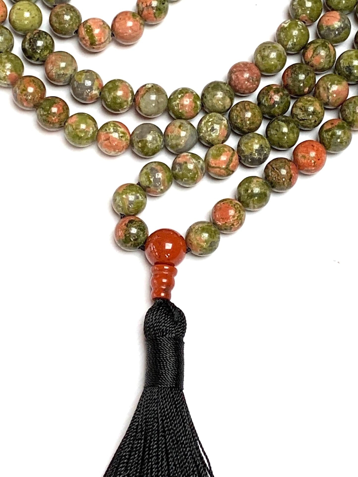 Handmade Heart & Earth Harmony Mala – Unakite Beads with Carnelian Guru | 8mm 108 Beads | Heart & Root Chakras | July Birthstone Energy | Ethically Sourced