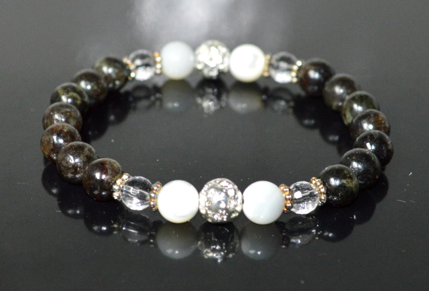 Astrophyllite, Crystal Quartz, Lava & Mother of Pearl Stretch Bracelet - Birthstone for April & June - Zodiac Sun Sign for Aries, Taurus, Gemini Cancer - Crown Chakra