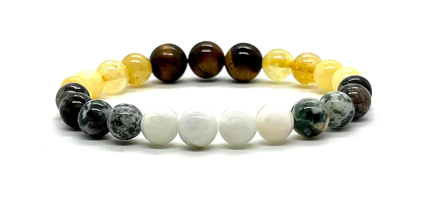 Unleash Your Gemini Spirit: Gemini Constellation Birthstone Bracelet (8mm) - Multi-Chakra Alignment, Black Opal, Moonstone, Citrine, Calcite, Green Tree Agate, Tiger's Eye