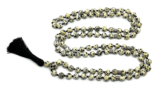 Certified Energized Mala Beads Necklace with COA - Chakra Mala - Japa Mala - 8mm 108 Buddhist Prayer Beads - Meditation Mala - Tassel Necklace – Zodiac/Sun Sign stones (Dalmatian)
